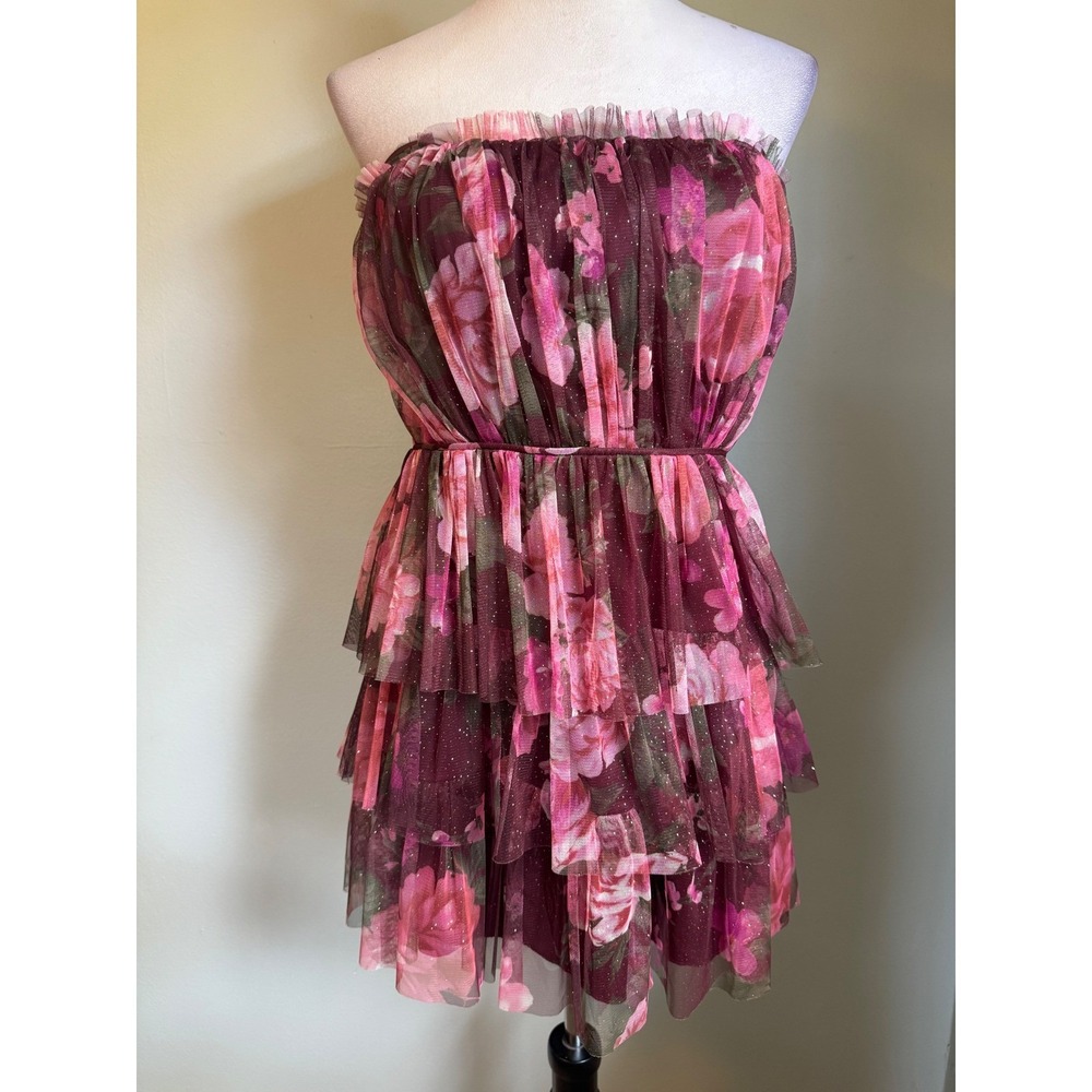 Y2k fairy whimsi bohoFloral Glitter Tulle Strapless Tiered Mini Dress BurgundY 9
